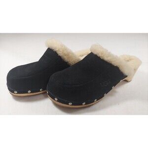 UGG Kalie Black Suede Leather Shearling Lined Wooden Clogs Mules, Women’s Size 8